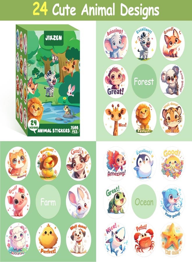 JIXZEN 3 Rolls Animal Stickers for Kids, 1500 PCS Kids Stickers Bulk for Toddlers 2-4, 24 Designs Farm/Ocean/Wild Cute Sticker with Motivational Words for Kid Reward, School Supplies (1.0 Inch) - Image 2